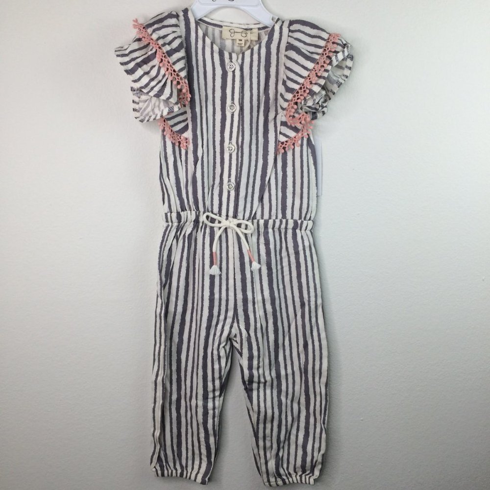 Jessica Simpson Baby Jumpsuit 18 Months Gray Pink Striped Ruffle Sleeve - Picture 1 of 9